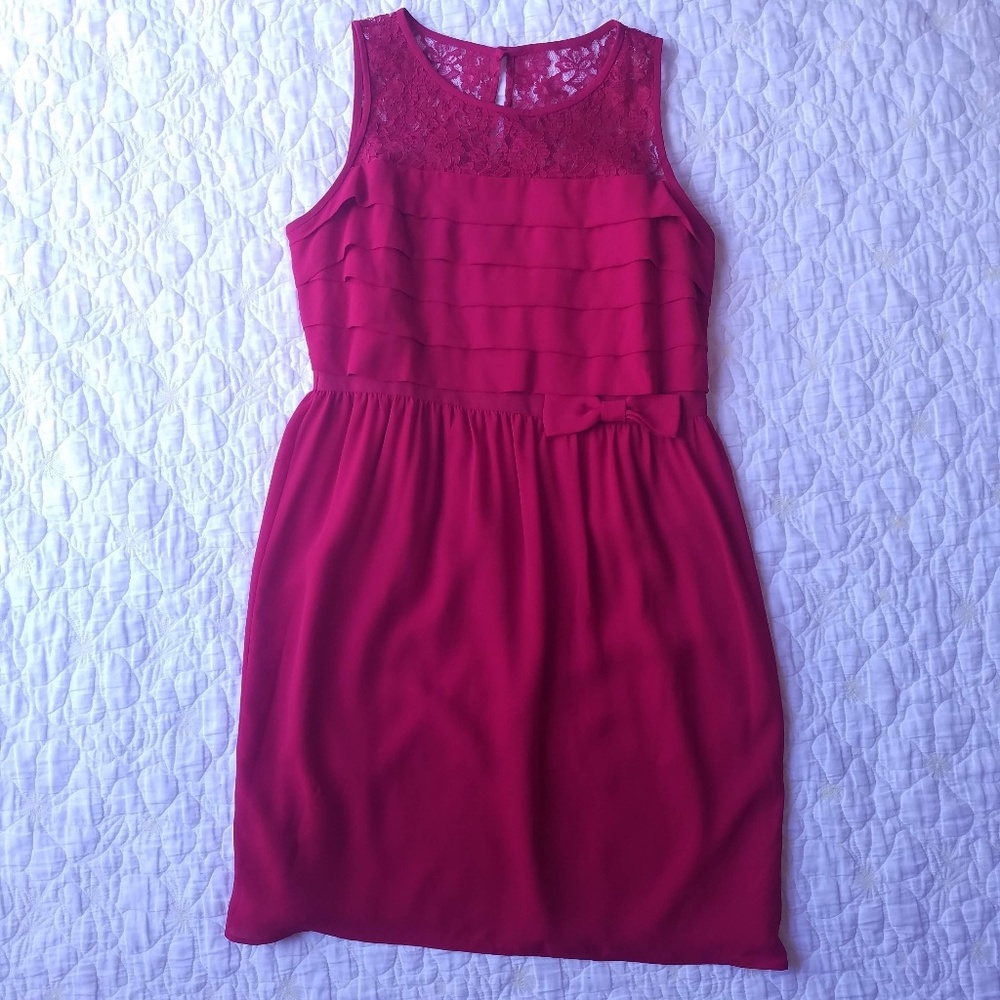 Loft Red Sleeveless Lace Ruffle Sheath Dress
